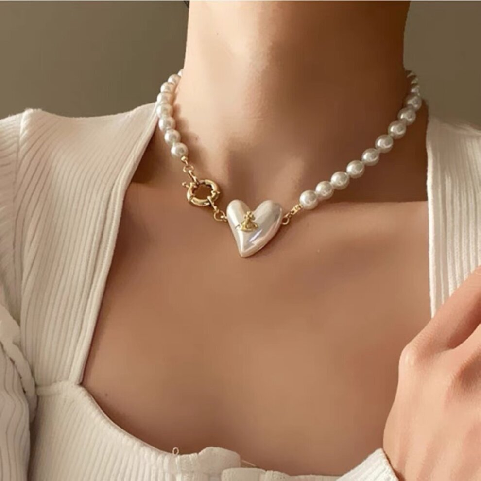 Vivienne Westwood Style Heart White Pearl Necklace Choker Gold Kings Jewelery
