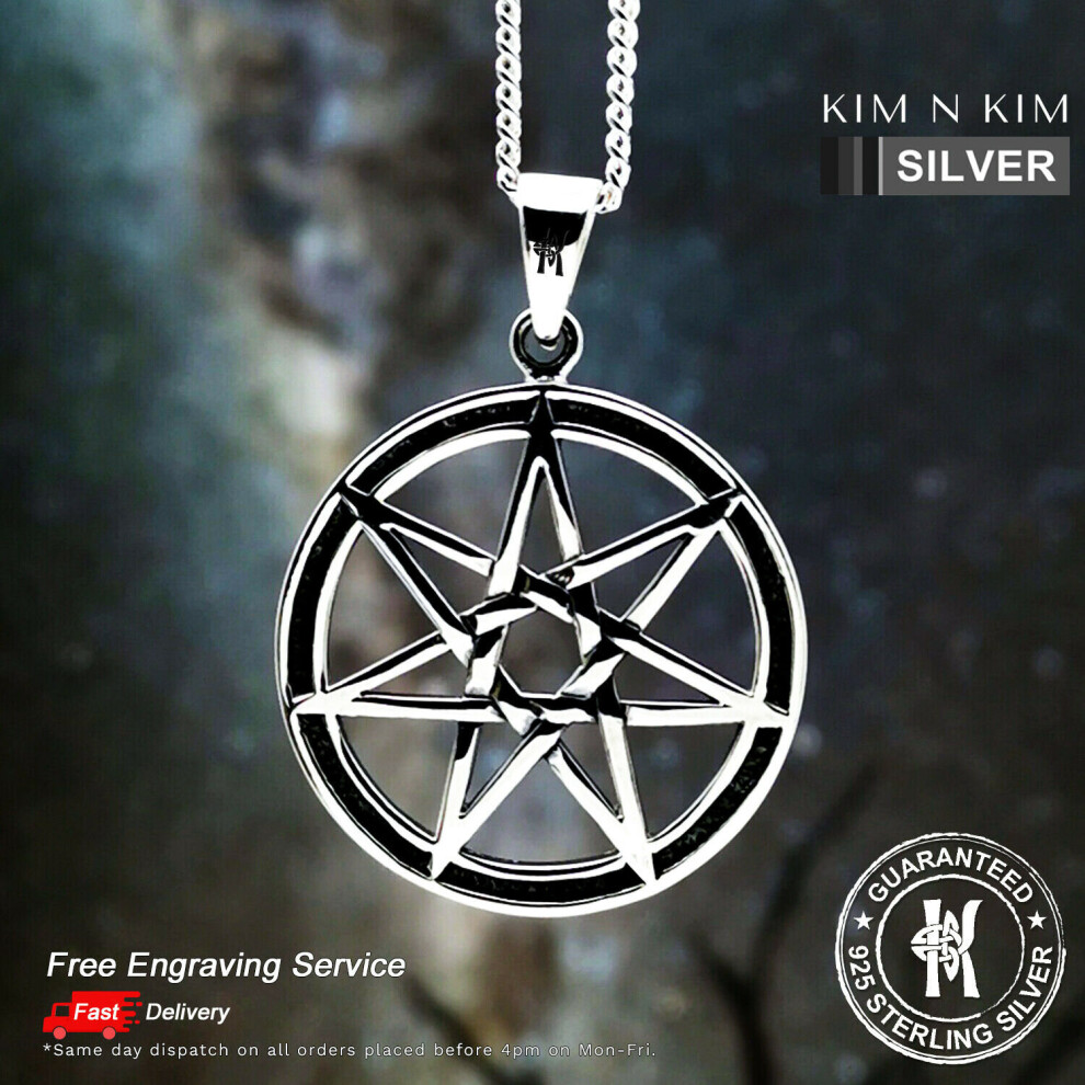 (22 Inch Curb Chain) Heptagram Elven Star Pagan Pendant Necklace /Free Engraving /Solid 925 Silver