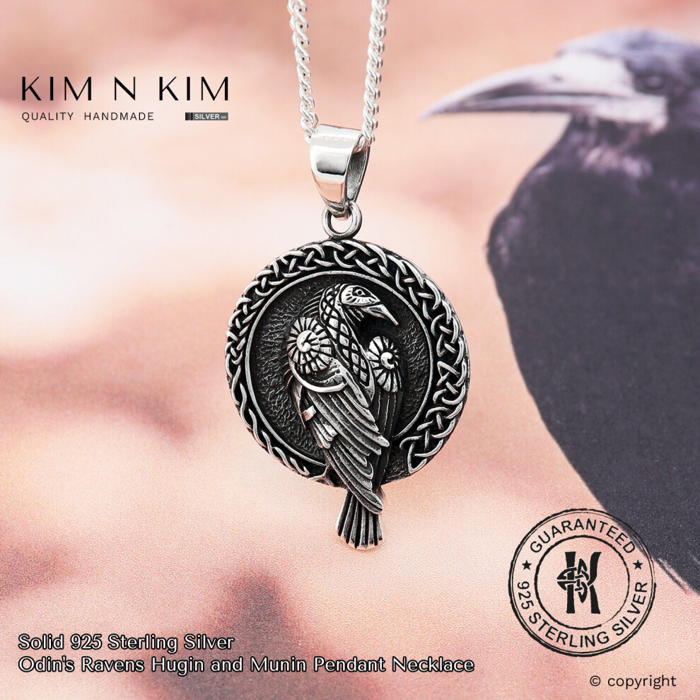 (34 inches, No Engraving ) Odin's Ravens Hugin and Munin Pendant Necklace/Faithful Companion/Norse/Celtic/Crow/Personalised/925 Solid Sterling Silver/Quality-KIMNKIM