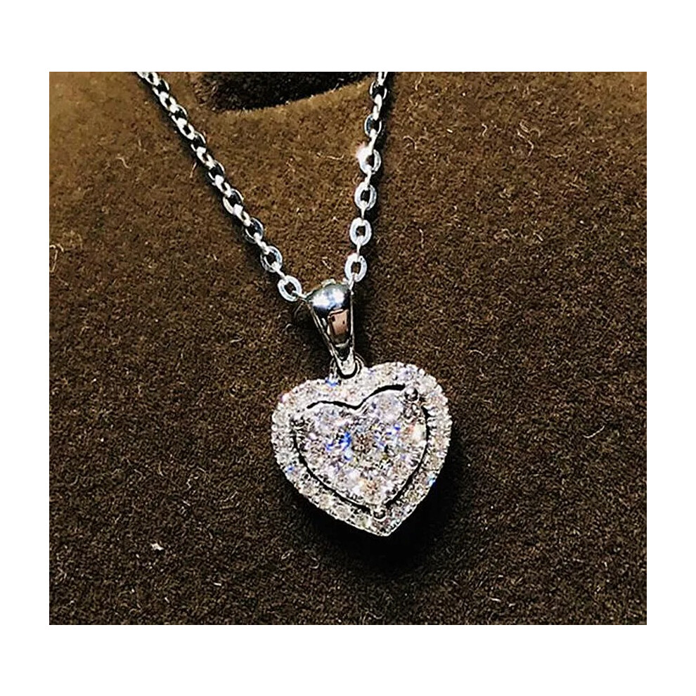 925 Sterling Silver Heart Crystal Pendant Necklace Womens Xmas Jewelry - Image 2