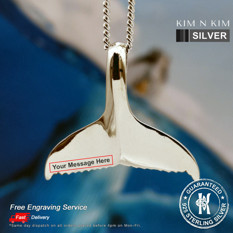 (Both, 28 Inch Curb Chain) Whale Tail Necklace /Mermaid Tail /Whale Fluke /Free Engraving /Solid 925 Silver