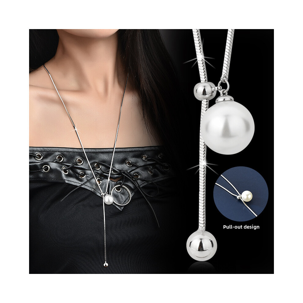 Elegant Long Pearl Necklace For Women In Titanium Steel With Geometric Design Ideal For Fall And Winter Fashion - Image 2