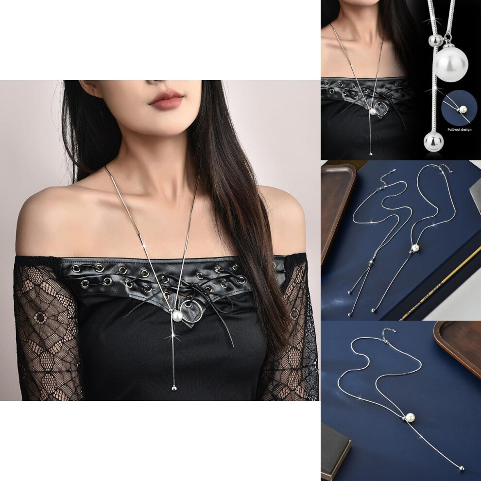 Elegant Long Pearl Necklace For Women In Titanium Steel With Geometric Design Ideal For Fall And Winter Fashion - Image 3