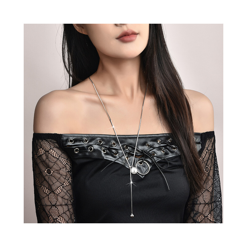 Elegant Long Pearl Necklace For Women In Titanium Steel With Geometric Design Ideal For Fall And Winter Fashion - Image 5