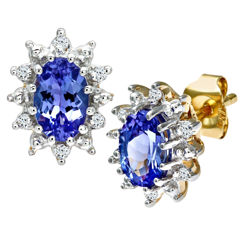 9ct Yellow Gold Round 5pts Diamond Oval 1ct Tanzanite Cluster Stud Earrings - PE0AXL1535YTanz