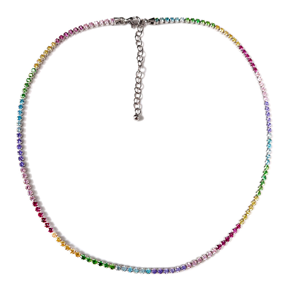 Rhodium Plated Sterling Silver Multi Colour Cubic Zirconia Rainbow Eternity Tennis Necklace, 14-16" - 8-19-0240 - Image 2