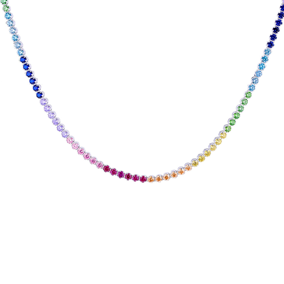 Rhodium Plated Sterling Silver Multi Colour Cubic Zirconia Rainbow Eternity Tennis Necklace, 14-16" - 8-19-0240 - Image 4