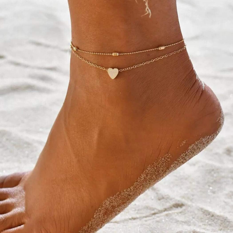 Layered Anklet Heart Pendant Anklets Chain Sand Beach Bead Foot Bracelet Jewelry Accessories for Women and Girls Birthday Present (Gold) - Image 4