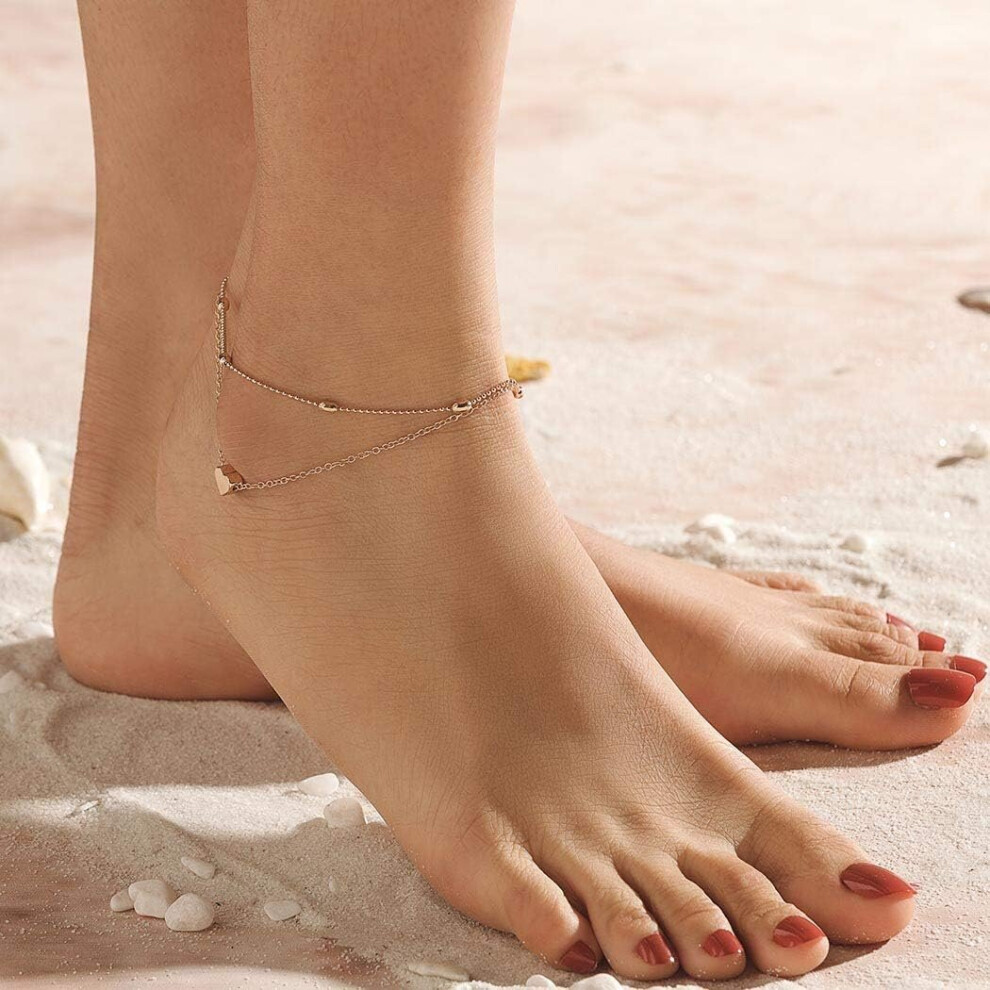 Layered Anklet Heart Pendant Anklets Chain Sand Beach Bead Foot Bracelet Jewelry Accessories for Women and Girls Birthday Present (Gold) - Image 5