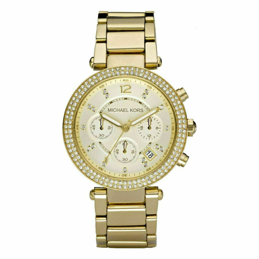 Ladies Chronograph Watch Gold PVD Bracelet Silver Dial MK5354