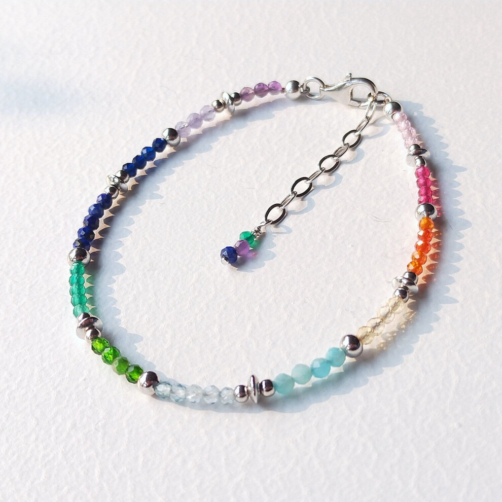 Rainbow 2mm Tiny Stone 925 Sterling Silver Platinum Anklet 17cm+3cm - Image 2
