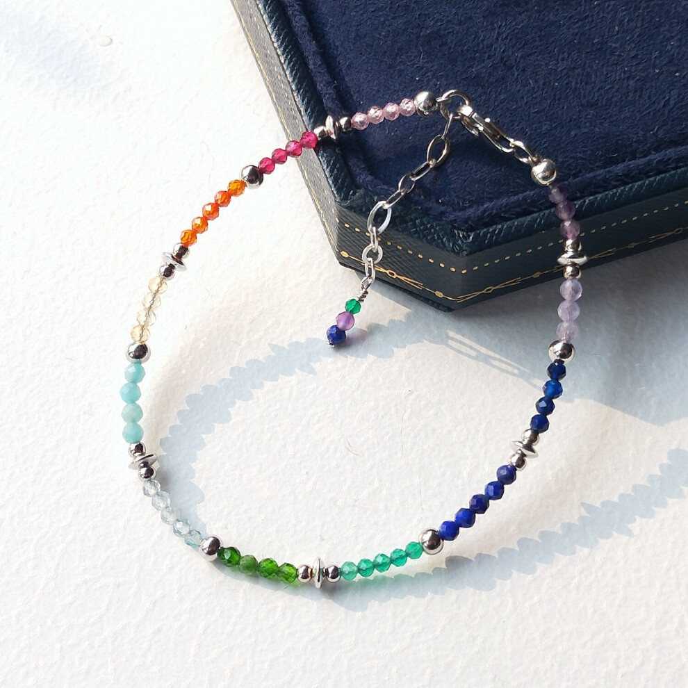 Rainbow 2mm Tiny Stone 925 Sterling Silver Platinum Anklet 17cm+3cm - Image 5