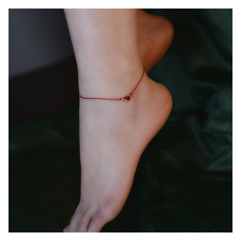 Real 24K Anklet Pure 999 Heart Pendant 18K Ball Hand Woven Adjustable Red Rope for Women Fine Jewelry Gift S527 - Image 2