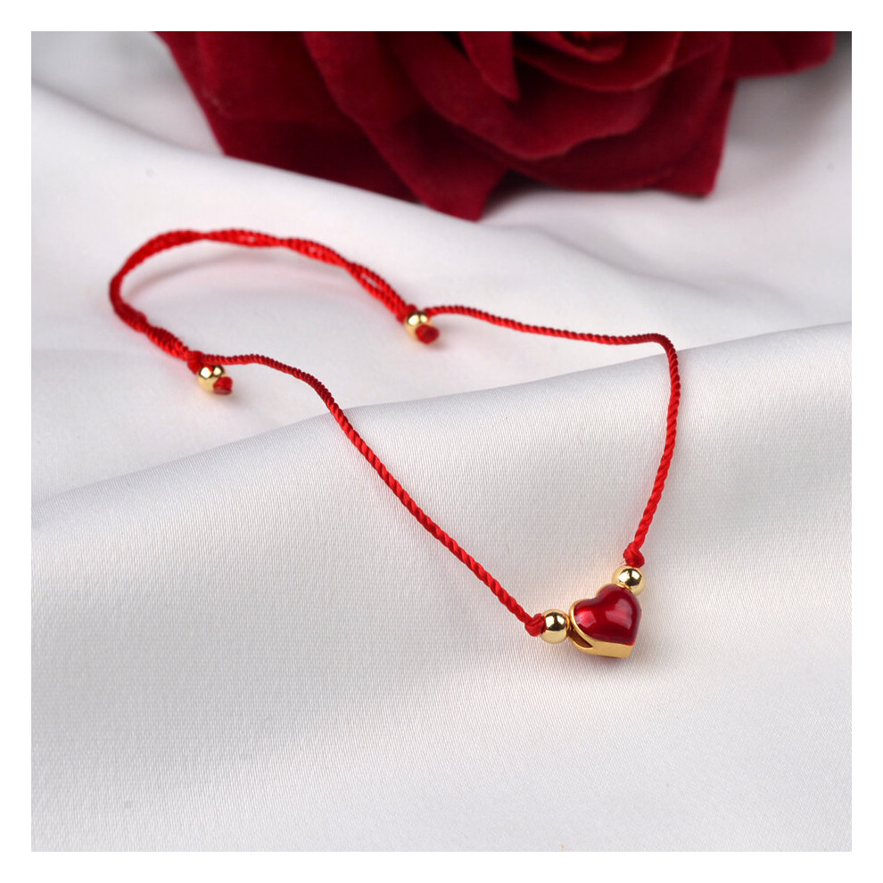 Real 24K Anklet Pure 999 Heart Pendant 18K Ball Hand Woven Adjustable Red Rope for Women Fine Jewelry Gift S527 - Image 4
