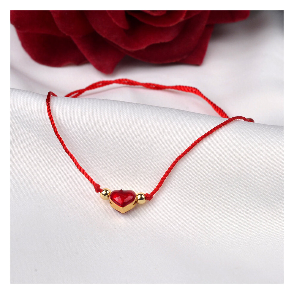 Real 24K Anklet Pure 999 Heart Pendant 18K Ball Hand Woven Adjustable Red Rope for Women Fine Jewelry Gift S527 - Image 6
