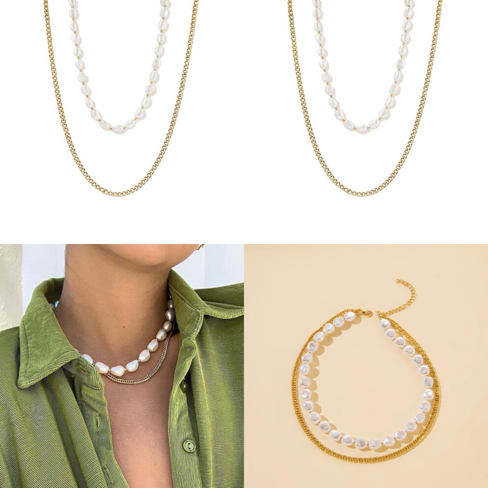 Trendy Gold Alloy Multilayered Pearl Necklace Unique Geometric Design For Women